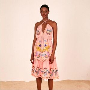 FARM Rio Embroidered Richelieu Crossed Front Midi Dress Pink Small